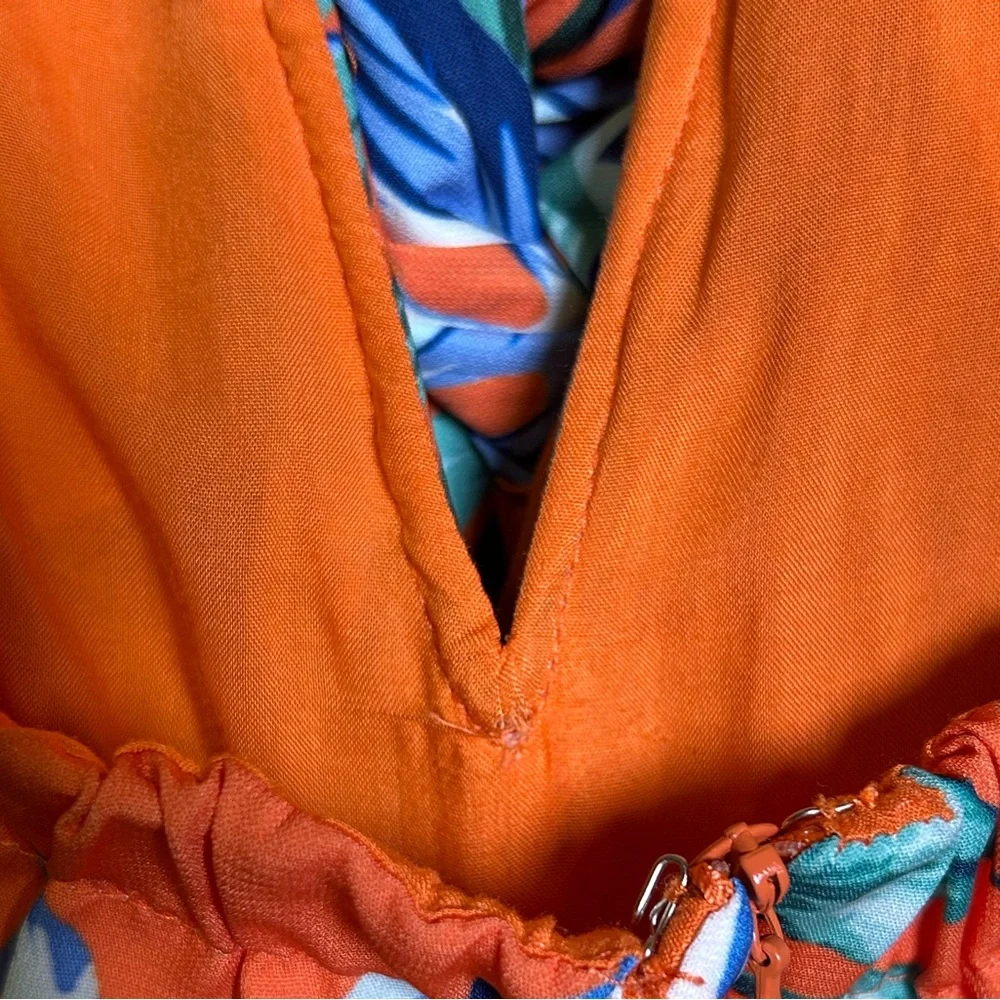 Lulu's  Leaf Print Jumpsuit Luxe Luau Orange Tropical Print Strapless Tie-Front - Picture 7 of 7